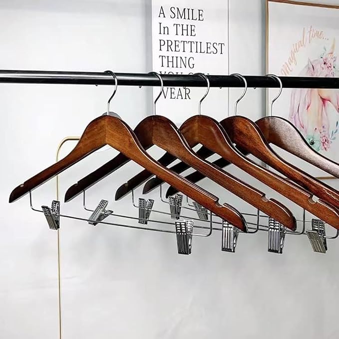 20 Pack Wooden Hangers with Clips High-Grade Wooden Suit Hangers Skirt Hangers with Clips S Wood Hanger with Durable Metal Clips for Blouse, Dress, Coat, Jacket (Vintage, 20)