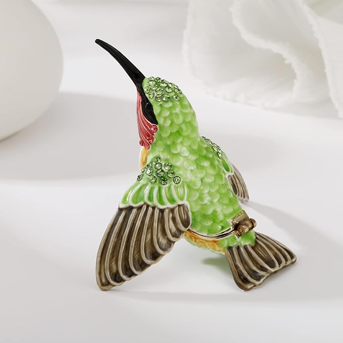Hand Painted Enamel Hummingbird Trinket Box for Home Decor, Hinged Jewelry Organizer for Ring Earrings, Unique Figurine Keepsake Collectible Personalized Handmade Ornament Gifts (Green Hummingbird-1)