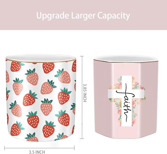 Pencil Holder for Desk, Ceramic Pencil Pens Cup Cute Makeup Brush Holder, Unique Desk Multifunctional Pen Organizer for Home, Office, Strawberries Pattern