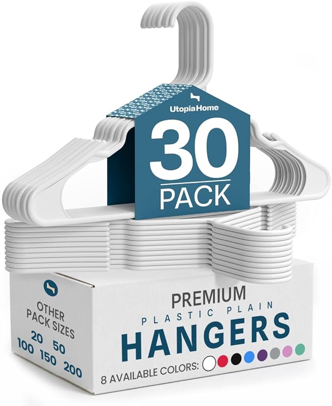Utopia Home - Plastic Hangers 30 Pack - Space Saving Clothes Hanger - Durable and Strong Closet Organizers and Storage Makes It Ideal Stocking Stuffers or Apartment or Dorm Room Essentials (White)