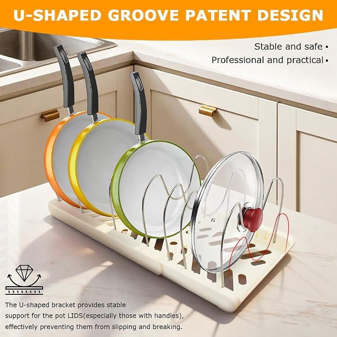 Pots and Pans Organizer for under Cabinet, Expandable Pot Lid Holder with 10 Adjustable Compartment, Pan Organizers inside Cabinet for Lids, Bakeware, Cutting Boards(COLOR:White)