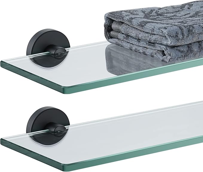 JQK Bathroom Glass Shelf Black, Tempered Glass Shower Storage 16 by 5 inches, 304 Stainless Steel Matte Black Wall Mount 2 Pack, TGS101L16-PB-P2