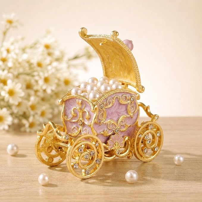 Retro Carriage Jewelry Trinket Box Enamel Ring Hold Boxes Hand-Painted Vintage Ornaments Craft Gift for Women Girls (Purple)