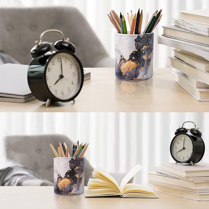 Large Capacity Colored Pen Holder for Desk, Leather Pencil Holder Pen Cup Marker Holder Makeup Brush Holders, Desk Accessories & Workspace Organizers for Home, Office, Gold Marble