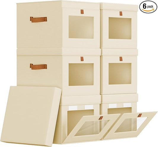 Homsorout Storage Bins with Lid – Closet Organizer with Side Opening and Clear Window, Foldable Stackable Fabric Basket for Clothes, Home, Office - 13.77" x 11.8" x 9.8", 6 Pack, Beige