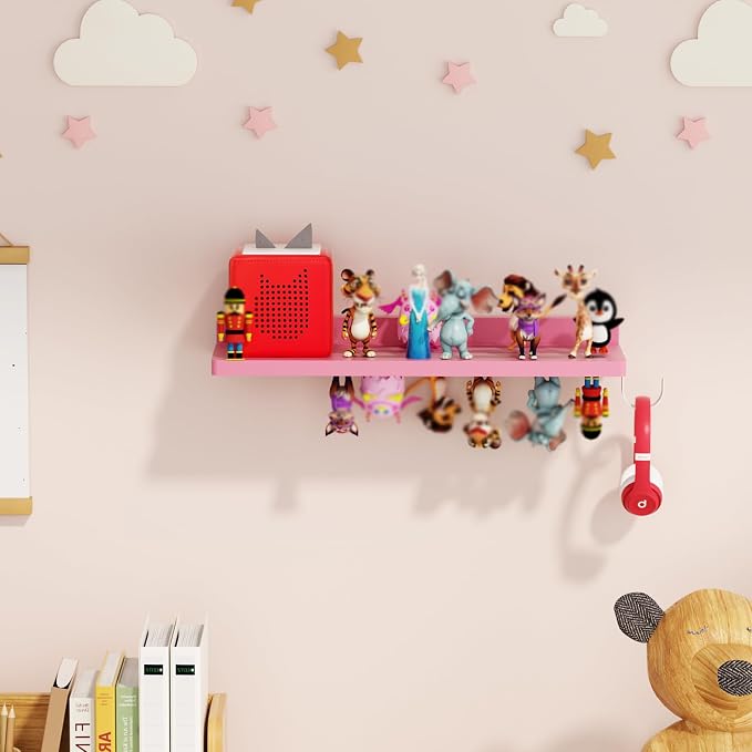 for Tonies Shelf Magnetic - 1 Tier Wooden Tonies Figure Organizer, Pink | Tonies Box Holder, Magnetic Display Shelf for Kids Room, Wall Floating Shelves Toy Storage Compatible Charging Station
