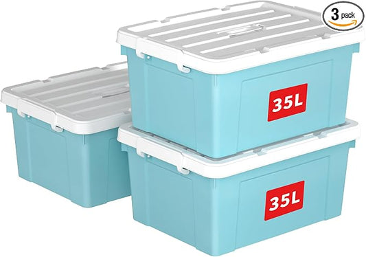 Cetomo Lidded Storage Bin with Handle, Tote Organizing Container with Durable Lid and Secure Latching Buckles, Stackable and Nestable, Plastic, 40 Quart-3 Pack, Blue