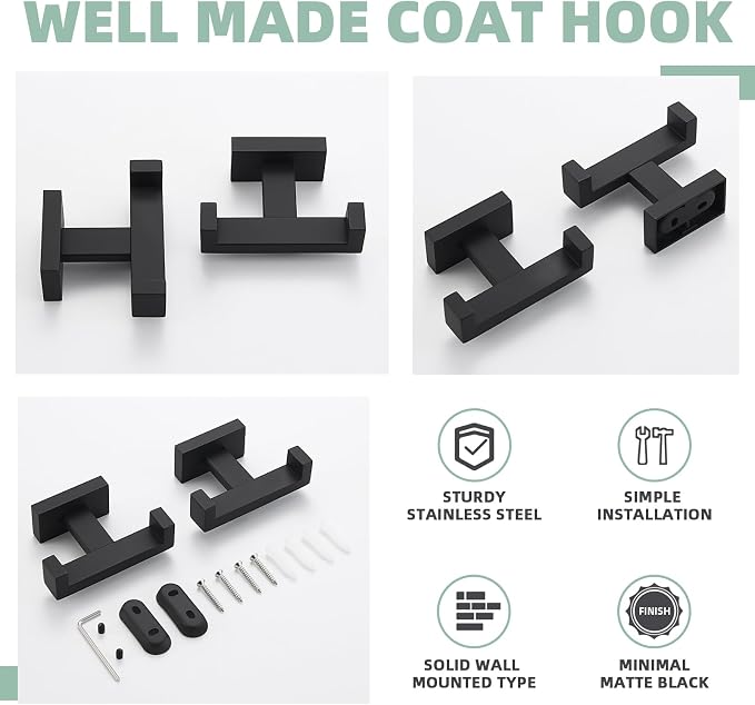 APLusee Double Bath Towel Hook 2 Pack, 304 Stainless Steel Square Dual Coat Holder, Modern Bathroom Kitchen Storage Hanger Wall Mounted, Matte Black
