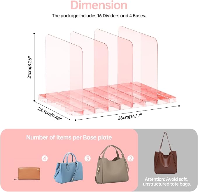 PAVSTINE 4 Pack Purse Organizer for Closet, Stackable Storage Shelf, Pink | Adjustable Dividers, Clear Acrylic Handbag Storage Shelf, Keeps Bag, Pocketbook & Clutch Upright, Stackable to Save Space