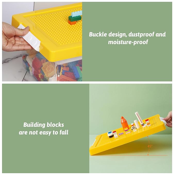 Plastic Storage Bins with Lids - 1 Set Stackable Arts Crafts Organizer Box with Removable Divided Tray &Compatible Building Baseplate,Toy Chest Containers for Bricks-Yellow(14.37"x9.64"x6.69")