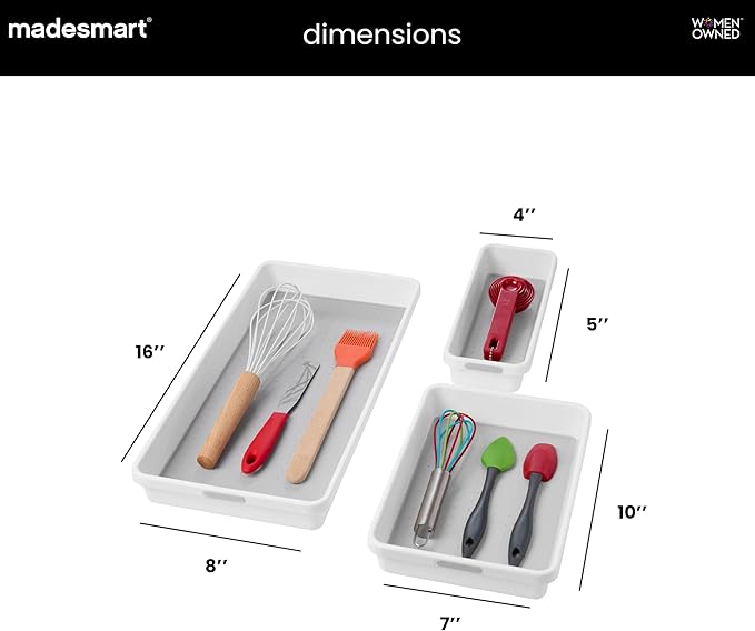 madesmart 3 Bin Drawer Organizer Set, Multi Purpose Storage for Utensils, Office & Bathroom, Organizer for Cutlery, Peeling Tools, Spatulas, Soft Grip Lining, Durable & Easy to Clean, White
