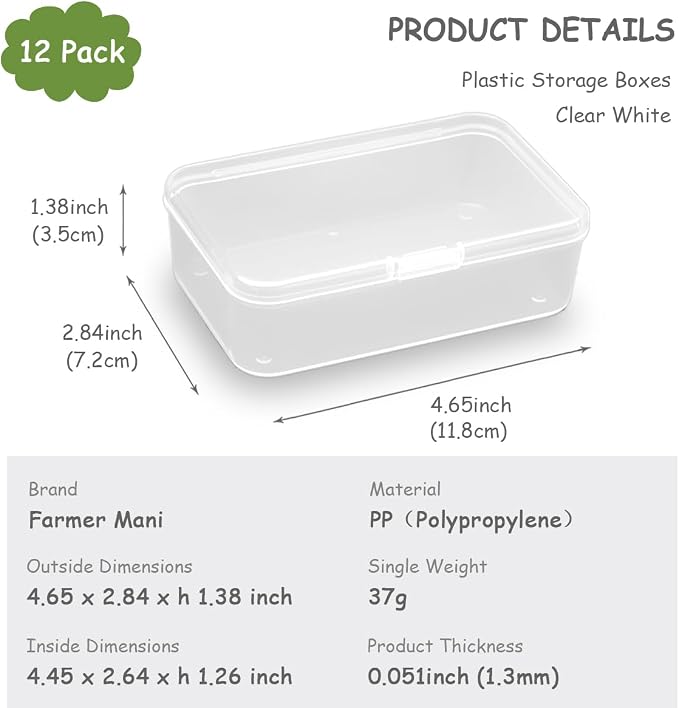 12 pcs Clear Plastic Box Containers (4.65" x 2.84" x 1.38 inch), Organizer Storage Box for Small items, Rectangular Storage Containers, Small Bead Organizer