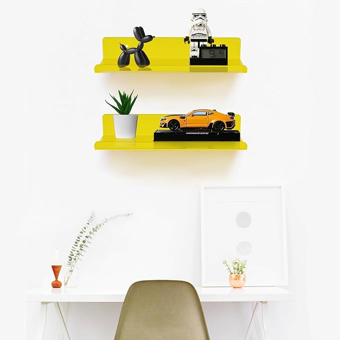 ROYALITA 2-Pack Small Acrylic Shelves Wall Mounted, 12 in Display Shelves | for Small Items, Plants, Room Decor Floating Wall Shelves for Gaming Room, Bedroom, Living Room, Office, Yellow