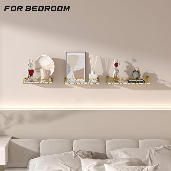 Moon Phase Wall Shelves White Gold, 3 Pack Small Floating Book Plant Shelves for Bedroom Kid Room, Decorative Storage Display Shelf for Crystal Figurine Collectibles