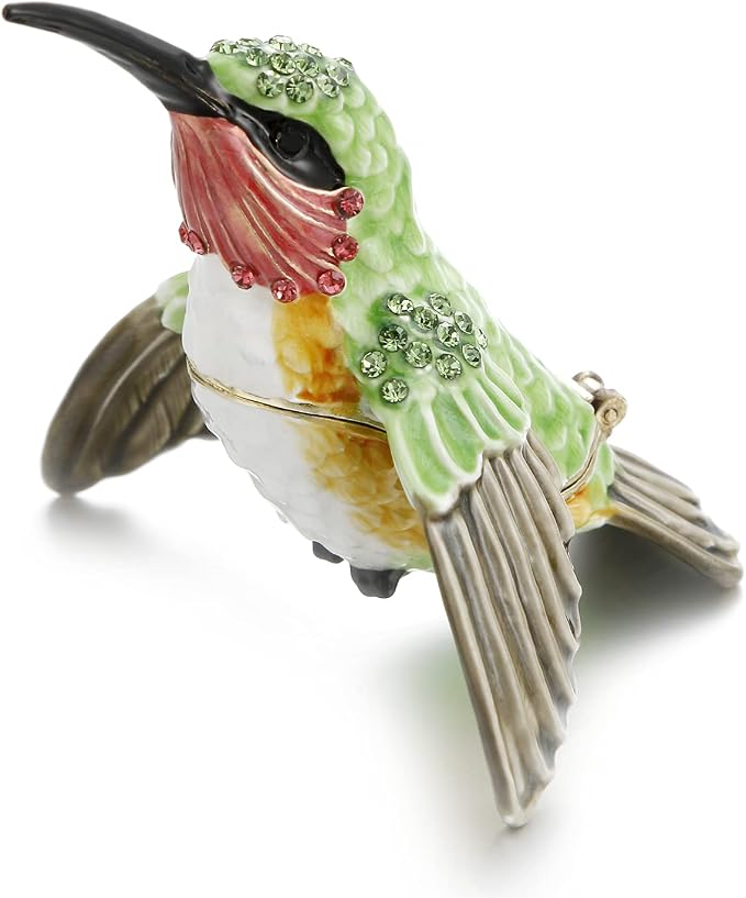 Hand Painted Enamel Hummingbird Trinket Box for Home Decor, Hinged Jewelry Organizer for Ring Earrings, Unique Figurine Keepsake Collectible Personalized Handmade Ornament Gifts (Green Hummingbird-1)