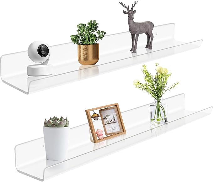 ROYALITA 2-Pack Acrylic Shelves Wall Mounted, 24 Inch Floating Shelves | for Small Items Plants Organize Wall Shelves for Gaming Room, Bedroom, Living Room, Office, Clear