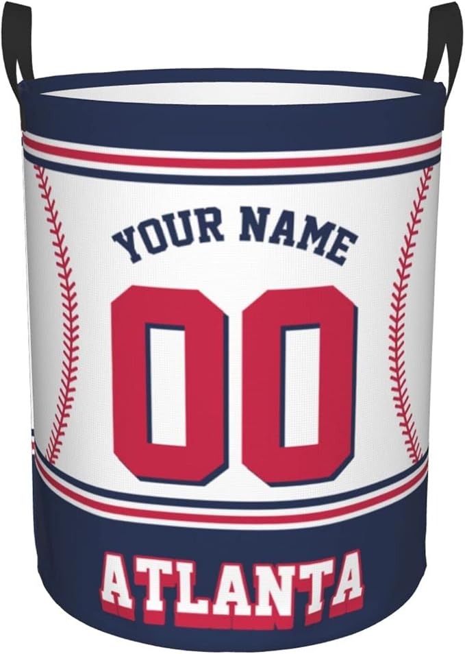 Custom Atlanta Laundry Hamper Personalized Laundry Basket Customized Name And Number Collapsible Storage Basket for Bedroom Bathroom Living Room Baseball Fan Gifts