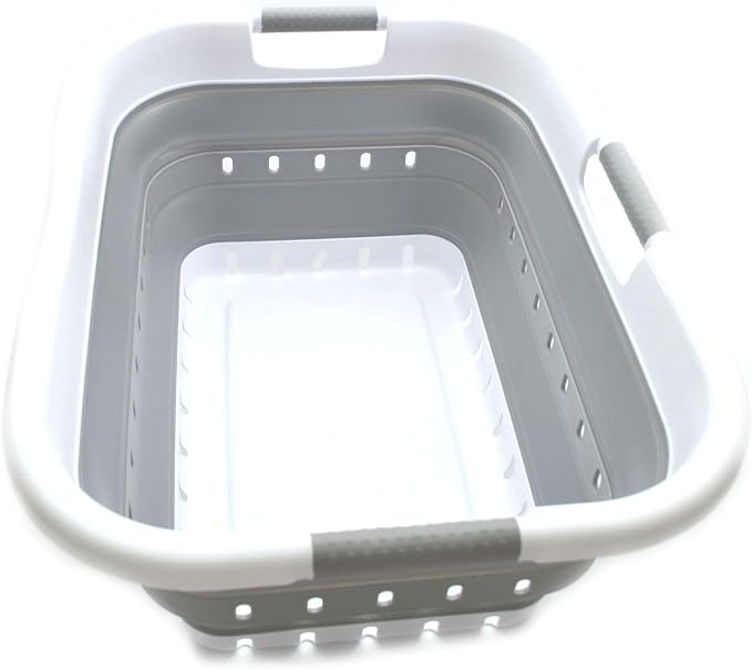 SAMMART 41L (10.8 gallon) Collapsible 3 Handled Plastic Laundry Basket - Foldable Pop Up Storage Container/Organizer - Portable Washing Tub - Space Saving (3 handled rectangular, White/Grey)