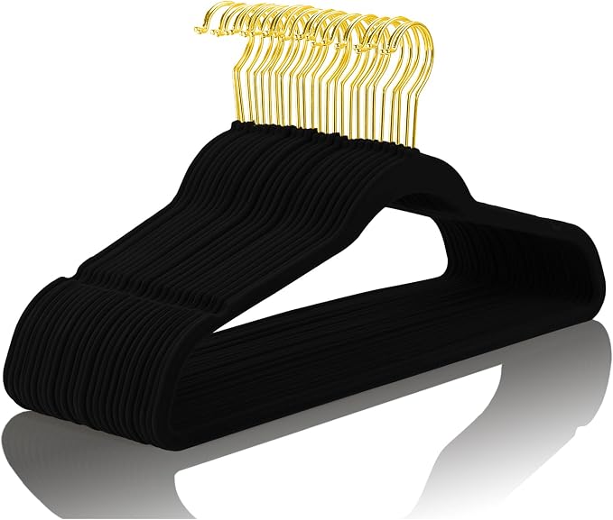 MIZGI Premium Velvet Hangers Pack 40 Pcs Heavy Duty - Non Slip Felt Hangers - Velvet Suit Hangers Black with Gold Hooks,Space Saving Clothes Hangers