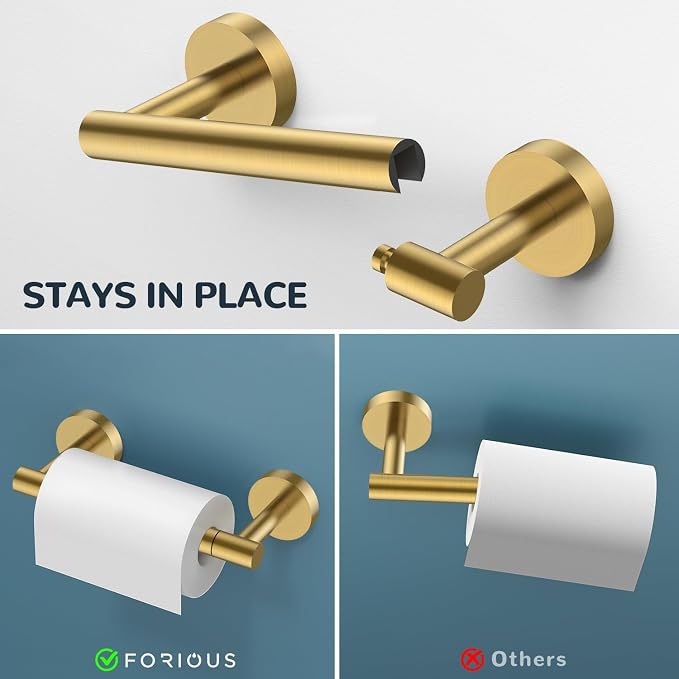 FORIOUS 4 Piece Bathroom Accessories, SUS304 Stainless Steel Toilet Paper Holder, Towel Ring and 2 Towel Hooks, Wall Mounted Bathroom Hardware Set (Dark Gold,Double Post Pivoting)