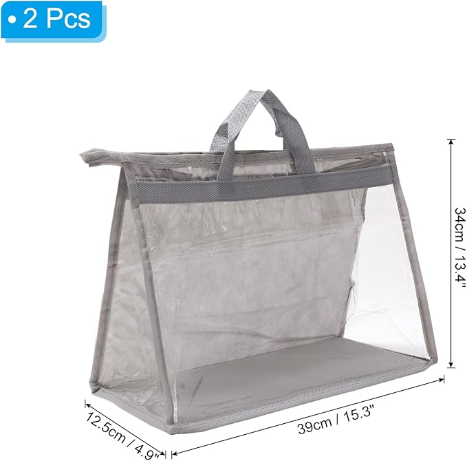 PATIKIL Handbag Dust Bags, 2 Pack Clear Purse Storage Organizer L Size PVC Dustproof Handbag Cover Transparent Purse Protector, Light Gray