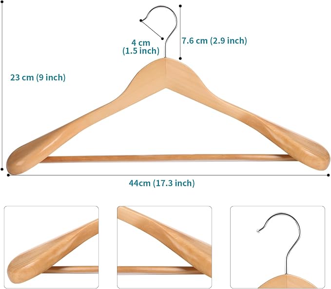 ABHENG Solid Wood Suit Hangers, 6 Pack, Coat Hangers with Non Slip Trouser Bar, 360° Swivel Hook, Heavy Duty Wide Hangers for Suit, Coat, Jacket, Trousers, Pants,17.3" W x 9" H, Natura AWY0406N