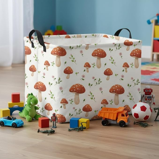 Rectangular Baby Kids Storage Basket for Home Kitchen Girls Cute Toy Storage Bin Organizer Shelf Book Room Decor(Mushroom)