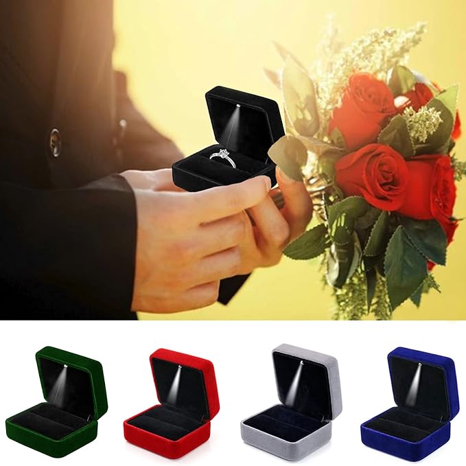 Velvet Ring Box with LED Light Jewelry Display Gift Box for Proposal,Engagement, Wedding