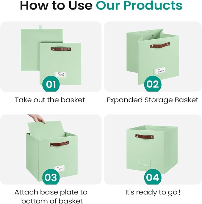 FinishingBo 6-Pack Storage Cubes with Handles & Label Holders Basket, Closet Cube Home Organizer Bins(Green, 13 x 13 x 13 inch)
