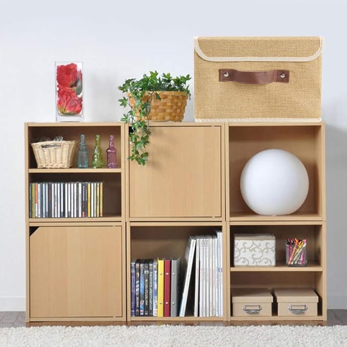2Pack Storage Bins Boxes with Lids 10" x 8" x 7" Decorative Storage Baskets | Cotton Linen Fabric, Collapsible, Faux Leather Handles, Storage Cubes, Closet Shelf Clothes Organizer Container, Khaki