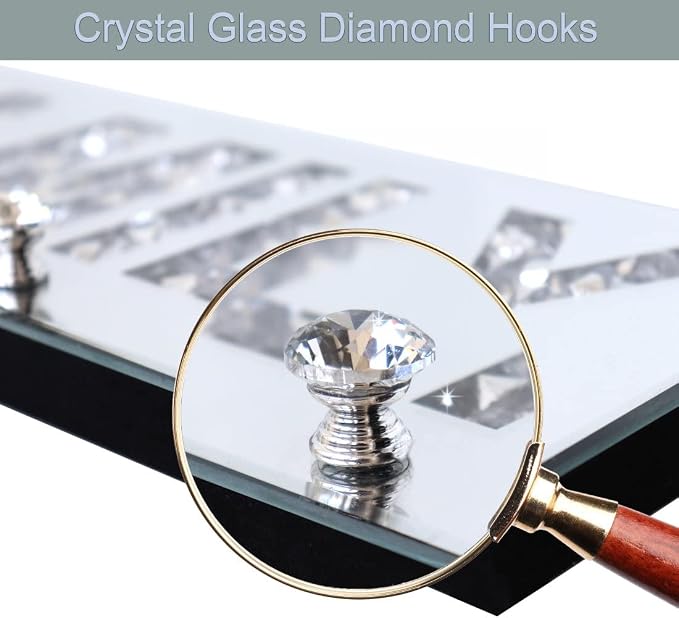 Crushed Diamond Mirrored FAMILY Letter Plaque Sign - 15" Silver Mirror Key Holder with 4 Crystal Acrylic Hooks, Wall Mounted Key Hanger for Kitchen, Great Room, Hallway-Glam Art Deco Family Rules Sign