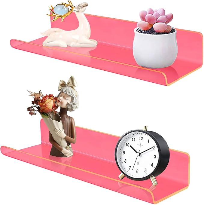 ROYALITA 2-Pack Small Acrylic Shelves Wall Mounted, 12 in Display Shelves | for Small Items, Plants, Room Decor Floating Wall Shelves for Gaming Room, Bedroom, Living Room, Office, Pink