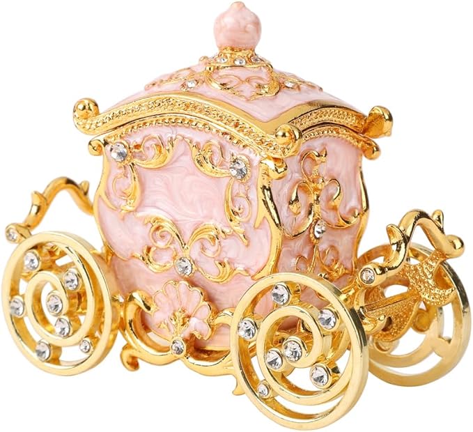 Retro Carriage Jewelry Trinket Box Enamel Ring Hold Boxes Hand-Painted Vintage Ornaments Craft Gift for Women Girls (Pink)