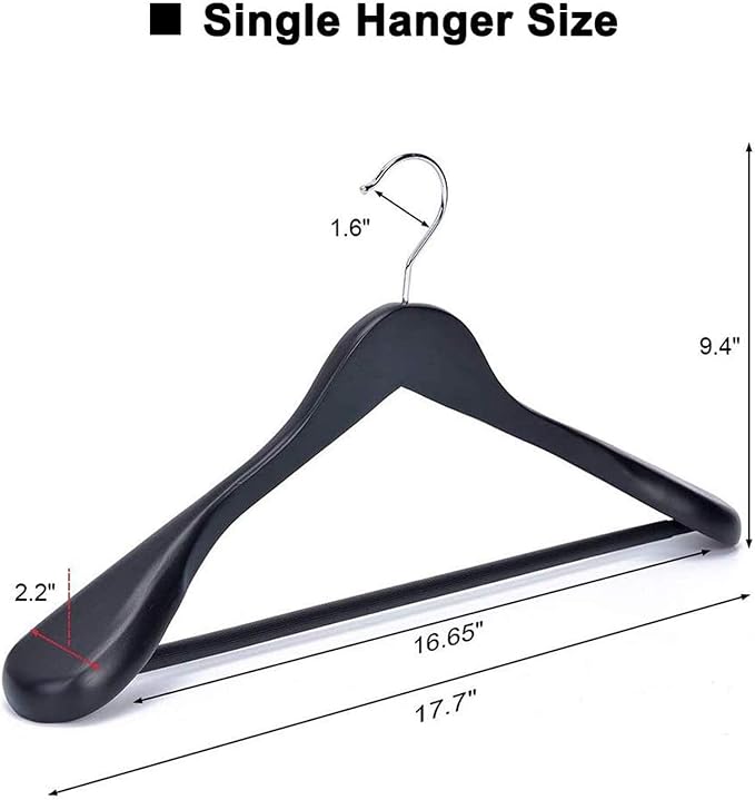 JS Hanger Wooden Suit Hangers, 6 Pack Extra-Wide Shoulder Wood Coat Hangers with Non Slip Pant Bar, Extra Smooth and Splinter Free Black Finish