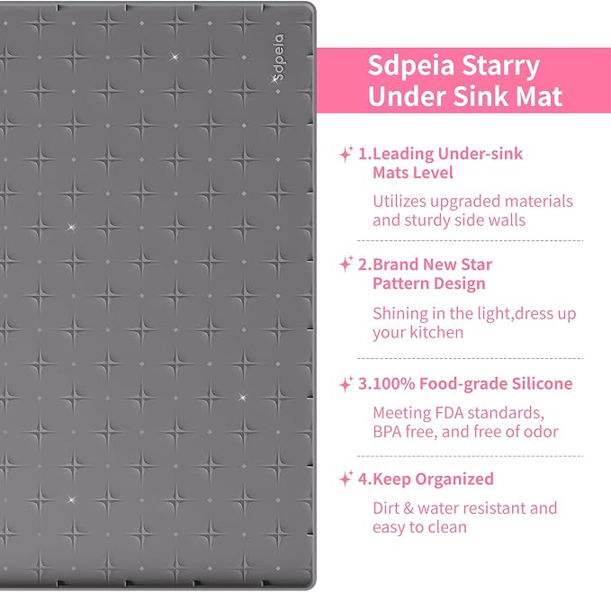 Sdpeia Under Sink Mat 28"×22" Waterproof Silicone Cabinet Liner & Sink Protector for Kitchen & Bathroom, Multi-Purpose Organizers Tray for Pets, Laundry, Cat Litter Mat,Gray
