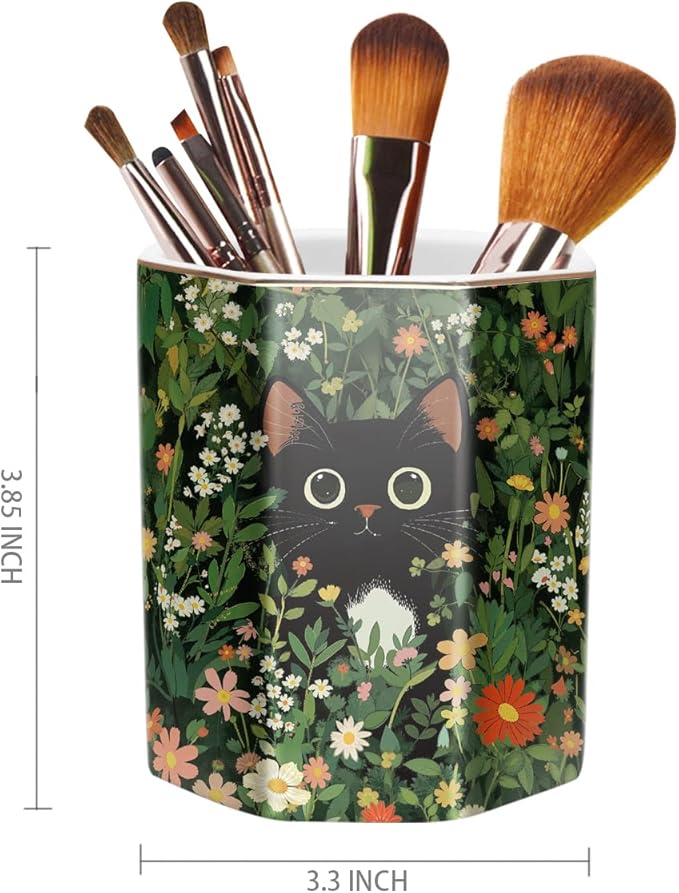 Pen Holder, Pencil Cup for Desk, Cute Desk Organizer, Durable Ceramic Decorative Makeup Brush Desktop Accessories, Stylish Stationery for Office, Home, Cute Cat Pattern