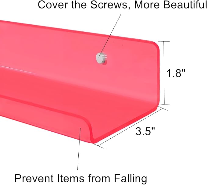 ROYALITA 2-Pack Small Acrylic Shelves Wall Mounted, 12 in Display Shelves | for Small Items, Plants, Room Decor Floating Wall Shelves for Gaming Room, Bedroom, Living Room, Office, Pink
