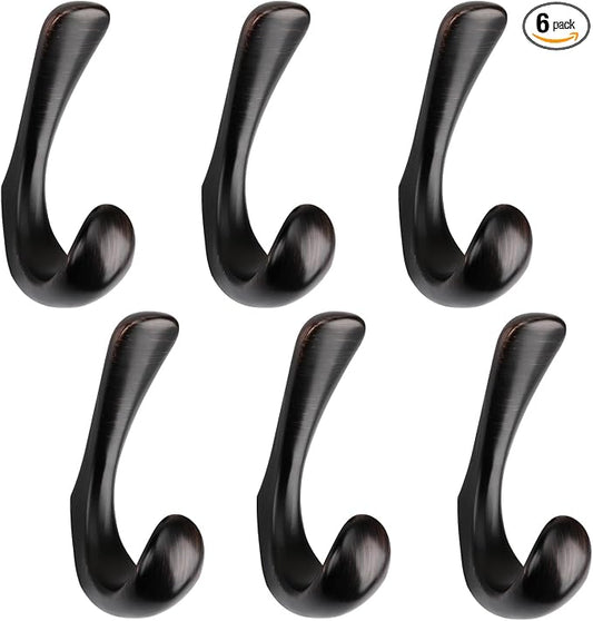 6 Pack Towel Hooks for Bathrooms Wall Mounted, Oil Rubbed Bronze Bathroom Hooks for Towels, Robe & Towel Hook for Wall, Modern Bath Towel Hook