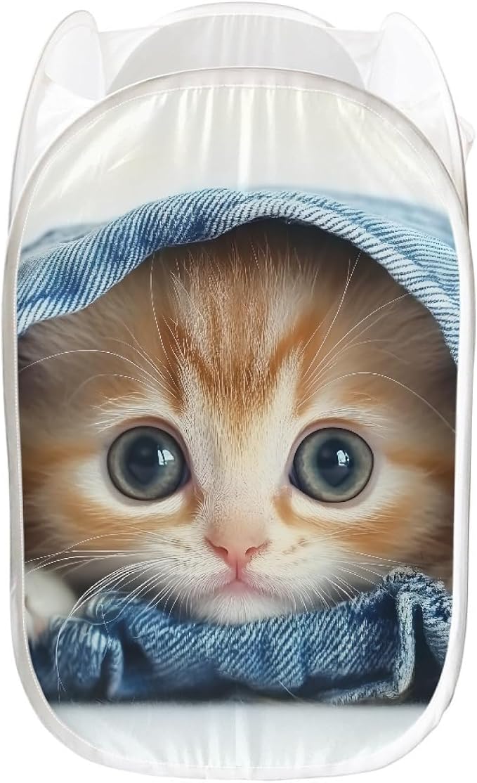 AFPANQZ Cute Cat Mesh Popup Laundry Hampers Foldable Portable Dirty Clothes Basket Organizer Collapsible Hamper for Bedroom, Kids Room, College Dorm and Travel Black Colored 61L