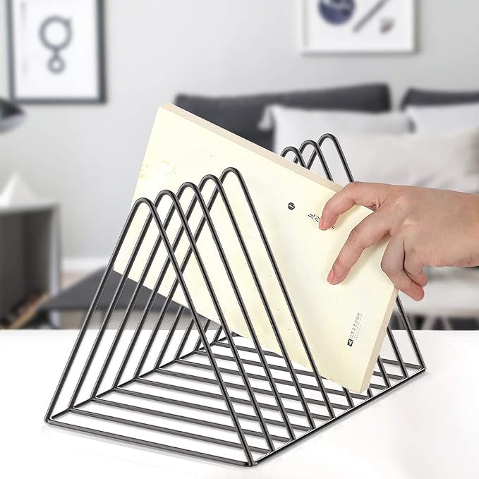 Files Folder Stand Desktop File Organizer, Vinyl Records Holder Book Shelf Magazine Rack, 9 Slot File Sorter Eye-catching Decoration for Indoor Office Home, Photograph Props (Diamond Black)