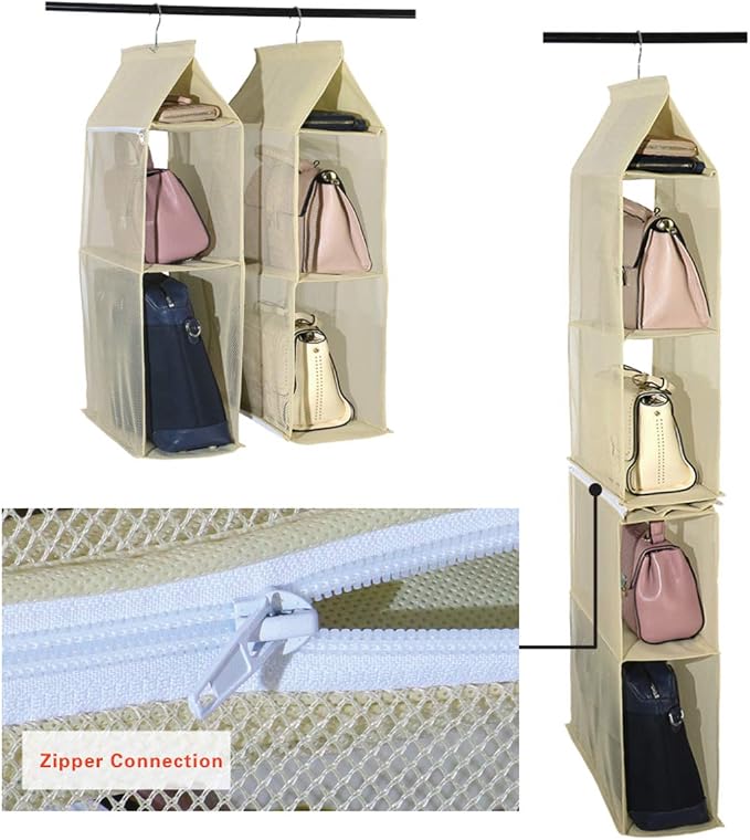 Detachable 4 Compartment Organizer Pouch Hanging Handbag Organizer Clear Purse Bag Collection Storage Holder Wardrobe Closet Space Saving Organizers System For Living Room Bedroom Home Use (Beige)