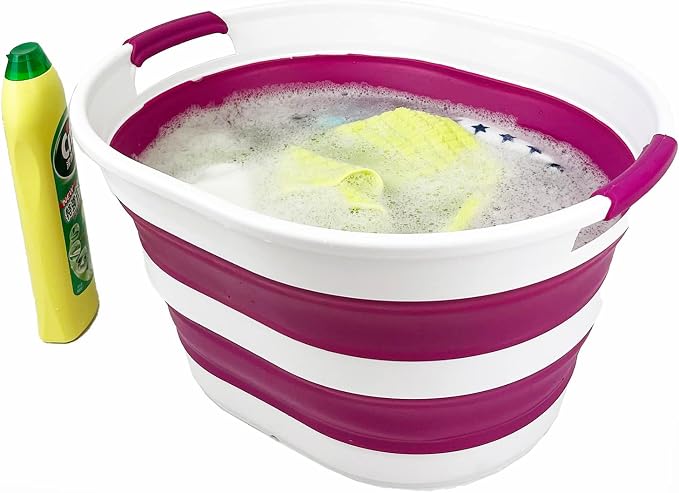 SAMMART 23L (6 Gallons) Collapsible Plastic Laundry Basket - Oval Tub/Basket - Foldable Storage Container/Organizer - Portable Washing Tub (White/Purple (Set of 2))