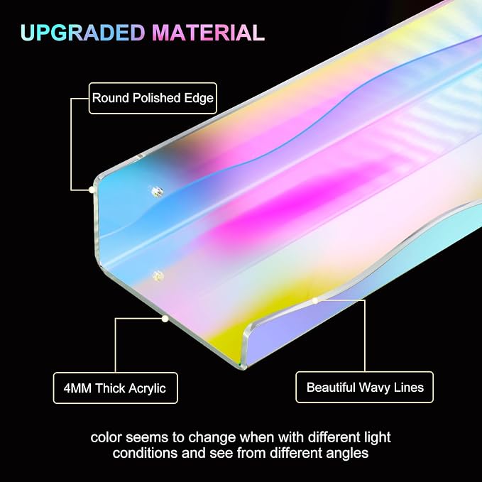 4 Pack Iridescent Acrylic Floating Shelves, 15.7" Clear Acrylic Display Shelves Bookshelf Wall Mounted, Bathroom Kids Room Home Storage Wall Decor Ledge Shelf for Skincare, Perfume, Nail Polish