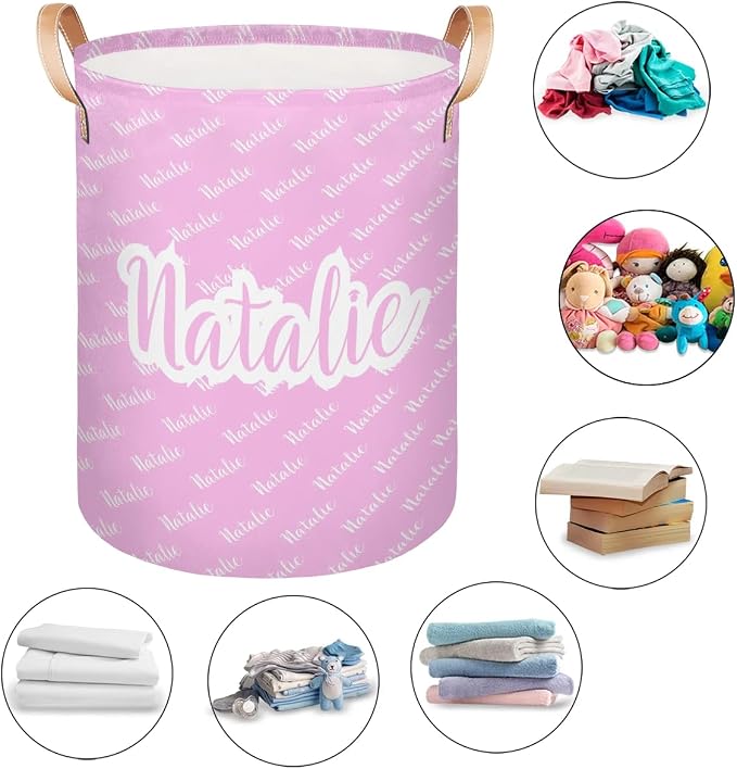 Personalized Laundry Basket, Custom Gift Laundry Hamper, Collapsible Nursery Waterproof Laundry Baskets, Dirty Clothes Toy Hamper with Handles Name Pink