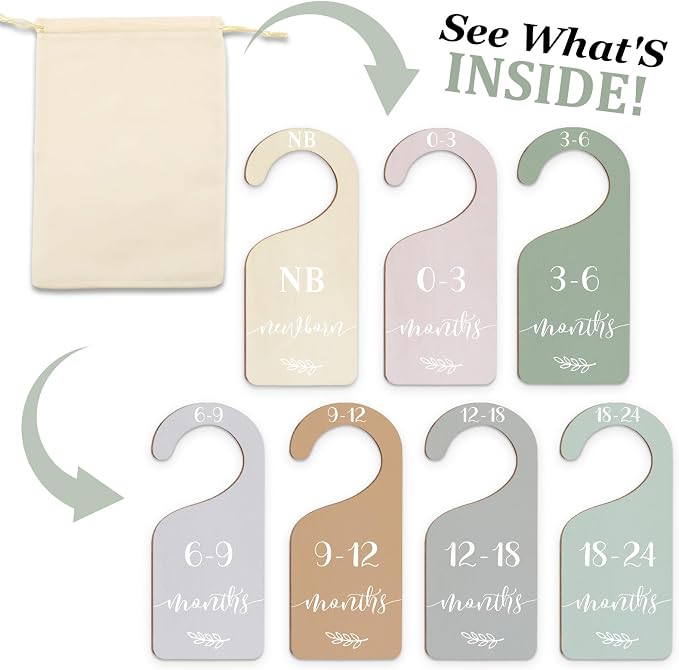 Whaline 7 Pcs Terrazzo Wood Baby Closet Size Dividers with White Velvet Bag Newborn to 24 Month Thicken Infant Wardrobe Hanger Organizers for Home Nursery Party Supplies