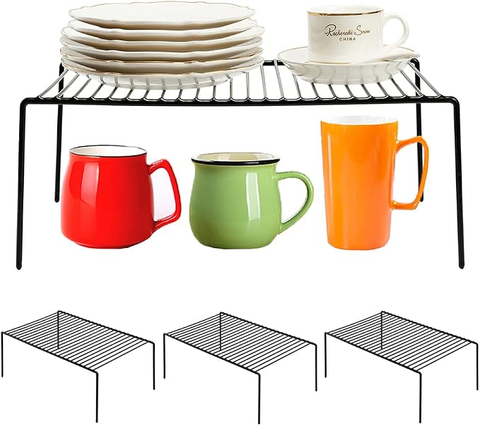 Redrubbit 4 Pack Large (15.7 x 9. 4 Inch) Cabinet Storage Shelf Rack, Rustproof Kitchen Counter and Cabinet Shelf, Storage Rack Organizer for Kitchen, Fridge, Cabinet, Bathroom, Black