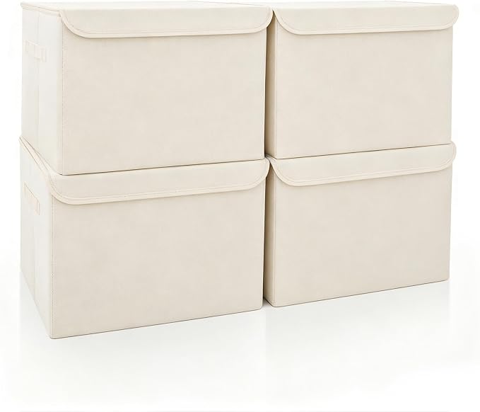 Bagnizer Large 22 Quart [4-Pack] Linen Fabric Foldable Storage Bin Cube Organizer Basket with Flip-Top Lid & Handles, Clothes Blanket Box for Home, Office, Closet (14.6 x 9.5 x 9.5, Beige)