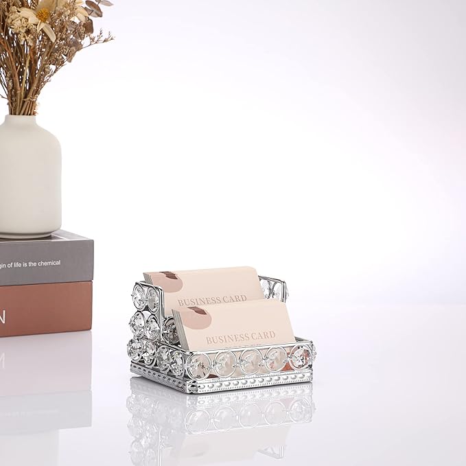 Hipiwe Crystal Business Card Display Holder for Desk with 2-Slot Organizer | Mirrored Base Business Name Cards Storage Holder for Office Countertop, Silver
