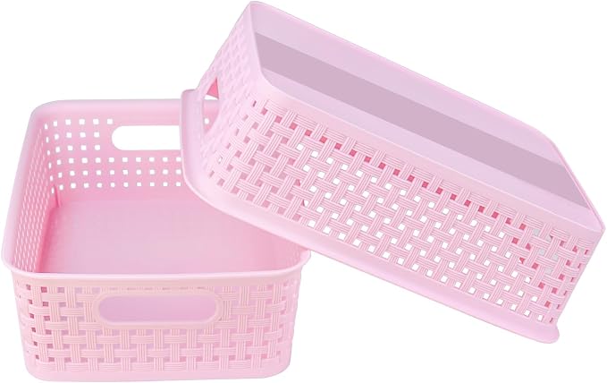 Plastic Storage Baskets, Small Pantry Baskets for Organizing, Woven Basket Organizer Basket Bins for Shelves, Organizer and Storage for Bathroom, Bedrooms, Kitchens (Pink 6pcs)