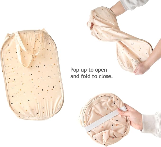3 Sprouts Pop Up Hamper - Collapsible Laundry Basket, Popup & Foldable Design - Durable Waterproof Fabric for Dirty Clothes, Toys & Towels - Ideal for Dorm, Bedroom & Baby Nursery, Terrazzo Beige